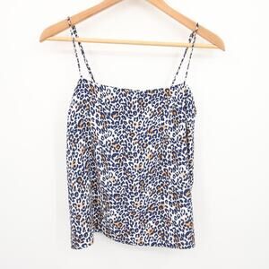 Etiquette Top Blue Tan Leopard Print Tank Top Sleeveless Blouse Square Neck S
